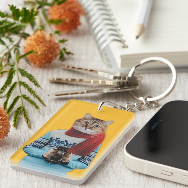 Cat Photographer in Vintage Sweater Quirky Key Ring (Front Right)