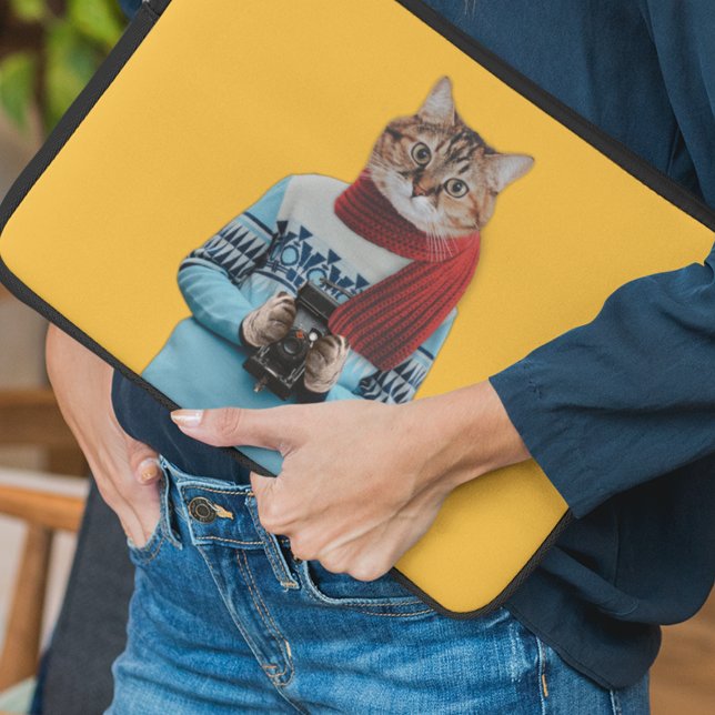 Cat Photographer in Vintage Sweater Quirky Laptop Sleeve (Creator Uploaded)