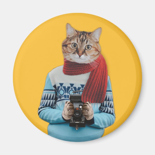 Cat Photographer in Vintage Sweater Quirky Magnet (Front)