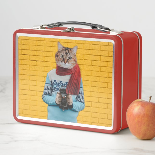 Cat Photographer in Vintage Sweater Quirky Metal Lunch Box (In Situ)