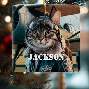 Cat Pilot Aeroplane Funny Aviation Christmas Custo Ceramic Ornament
