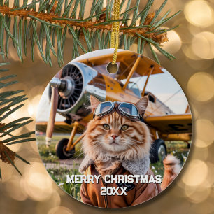 Cat Pilot Aeroplane Funny Aviation Photo Christmas Ceramic Tree Decoration