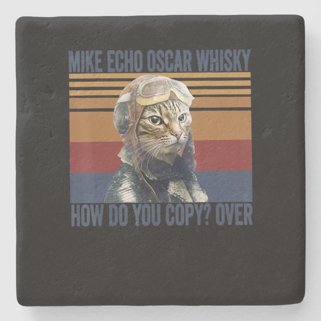 Cat Pilot Mike Echo Oscar Whisky Costume Gift Stone Coaster (Front)