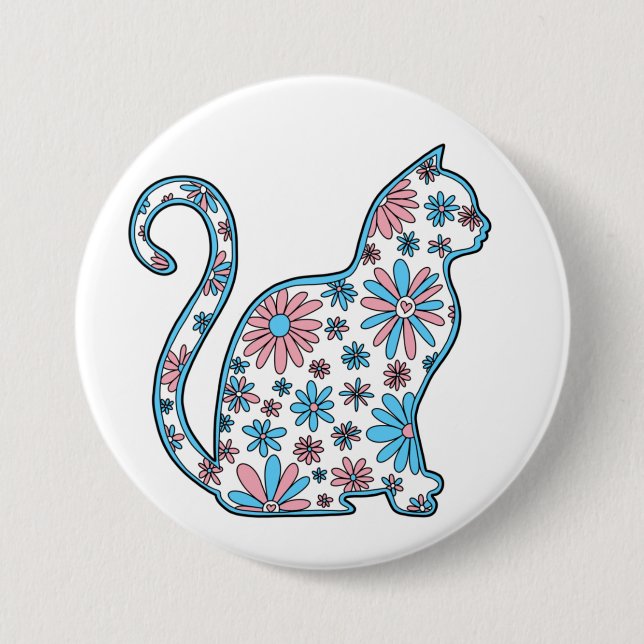 Cat pink blue white flowers transgender pride 7.5 cm round badge (Front)