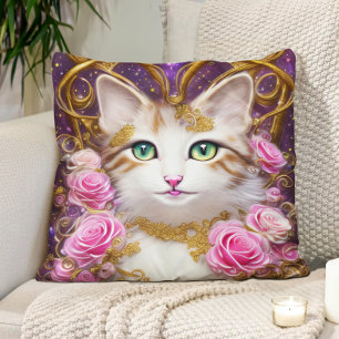 Cat Pink Gold Roses Painting Cushion