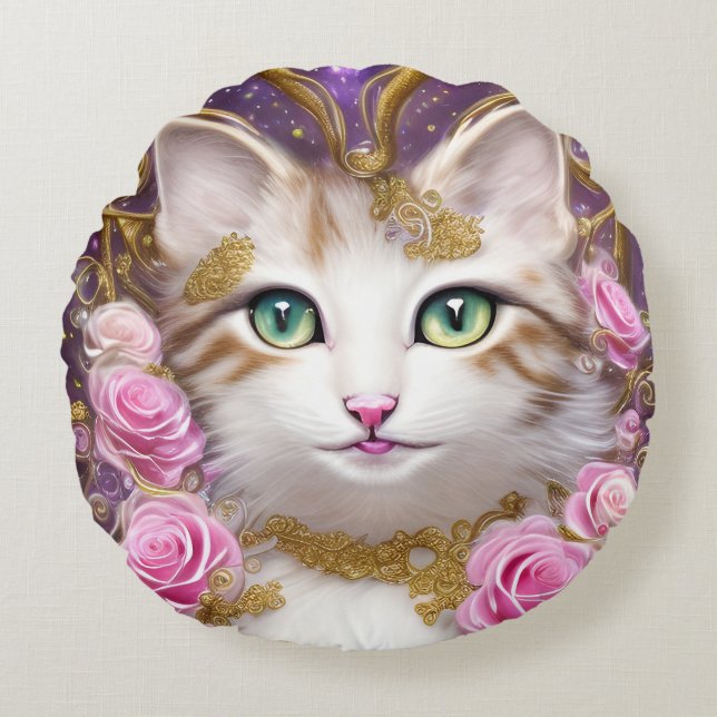 Cat Pink Gold Roses Painting Round Cushion (Front)