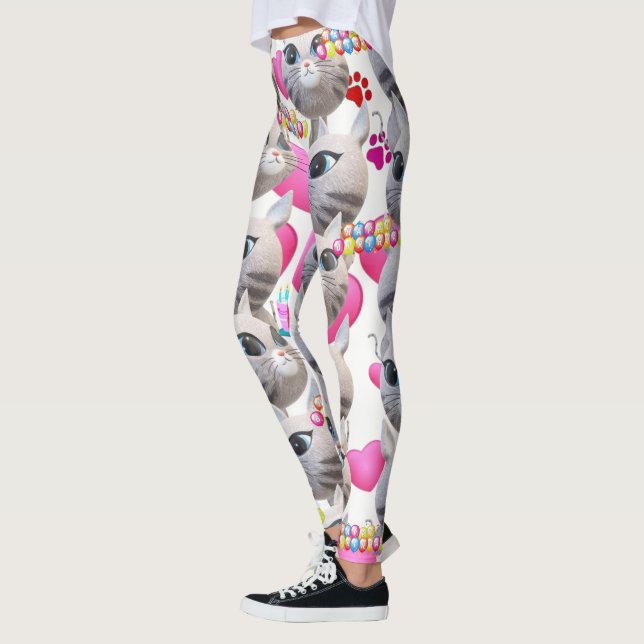 Cat Pink Meow White Leggings  (Left)