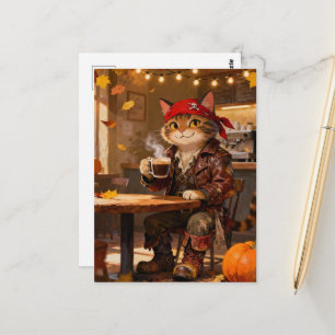 Cat Pirate at the autumn Coffee shop Postcard