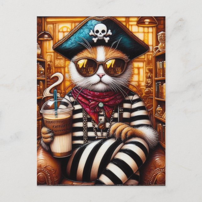 Cat pirate drinking icedcoffee encaustic art style postcard (Front)