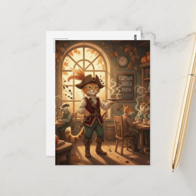 Cat Pirate Serves Coffee  Postcard (Front/Back In Situ)
