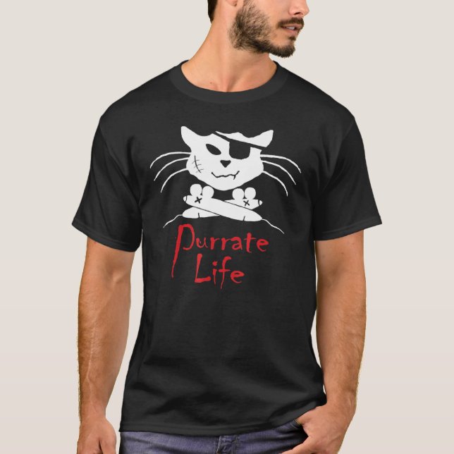 Cat Pirate Skull And Mouse Crossbones Purrate Life T-Shirt (Front)