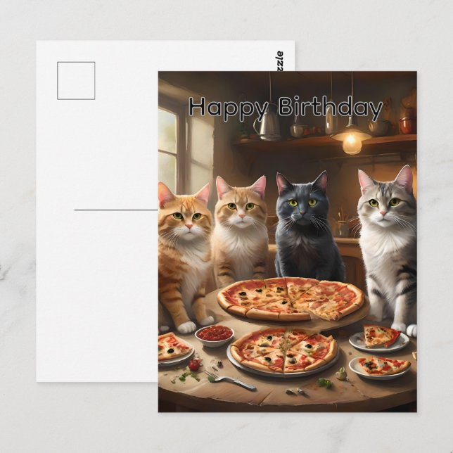 Cat Pizza Night, Birthday Postcard (Front/Back)