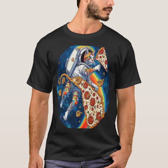 Cat Pizza Space Cat Surfing Pizza Galaxy Astronaut T-Shirt (Front)