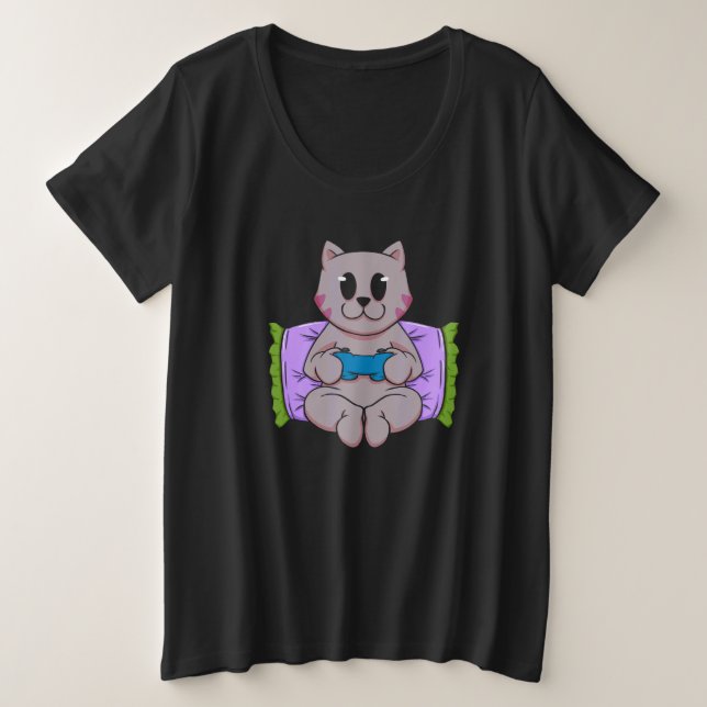 Cat Pizza Video Game Player Gaming  Computer Games Plus Size T-Shirt (Design Front)