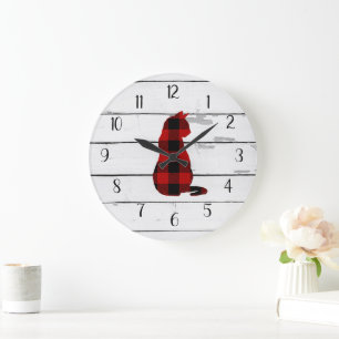 Cat Plaid Rustic Shiplap Farmhouse Decor Large Clock