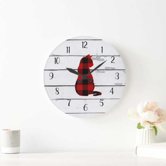 Cat Plaid Rustic Shiplap Farmhouse Decor Large Clock (Home)