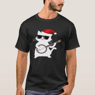 Cat Playing Banjo Santa Hat T-Shirt