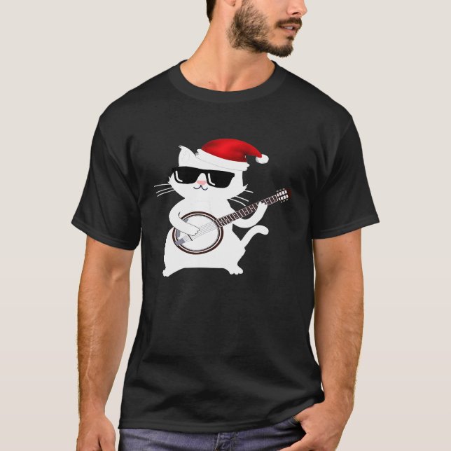 Cat Playing Banjo Santa Hat T-Shirt (Front)