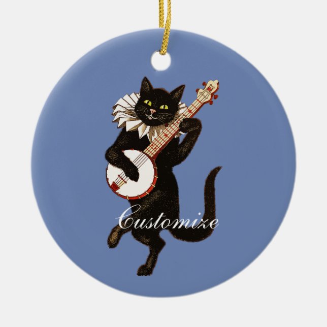 Cat playing Banjo Thunder_Cove Ceramic Tree Decoration (Front)