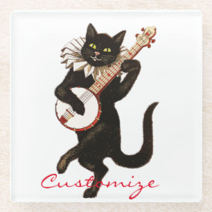 Cat playing Banjo Thunder_Cove Glass Coaster