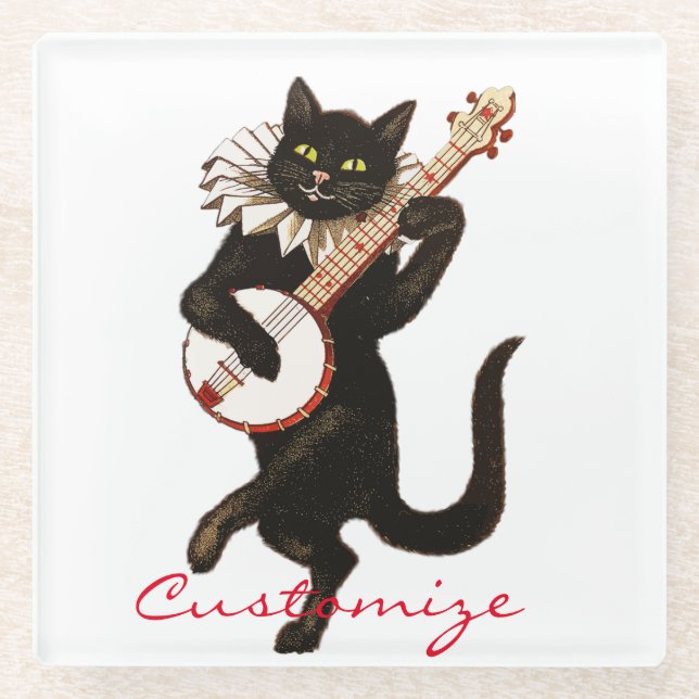 Cat playing Banjo Thunder_Cove Glass Coaster (Front)