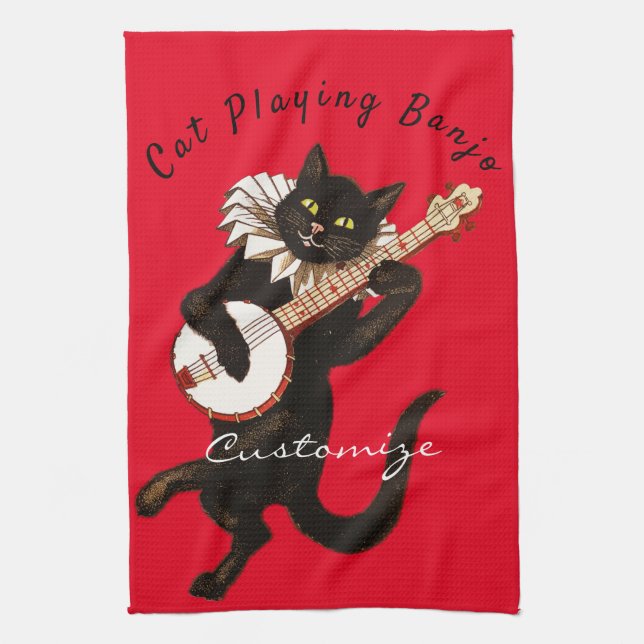 Cat playing Banjo Thunder_Cove Tea Towel (Vertical)