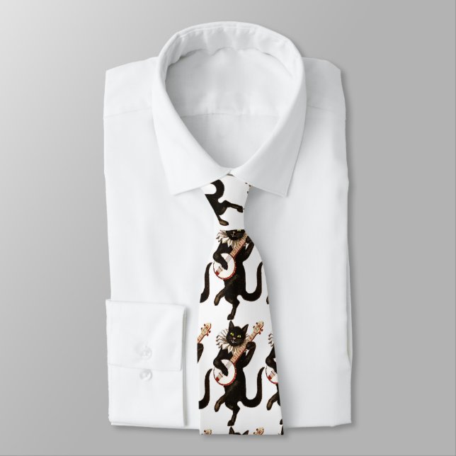 Cat playing Banjo Thunder_Cove Tie (Tied)