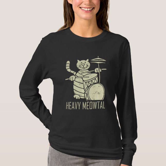 Cat Playing Drum Funny Heavy Meowtal Cat Drum T-Shirt (Front)