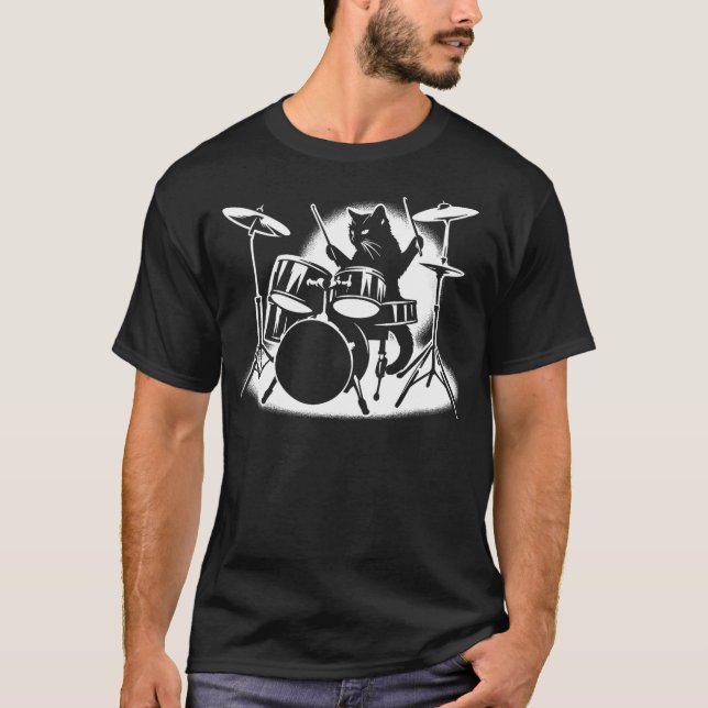 Cat Playing Drums Drummer Novelty Music Lover Funn T-Shirt (Front)