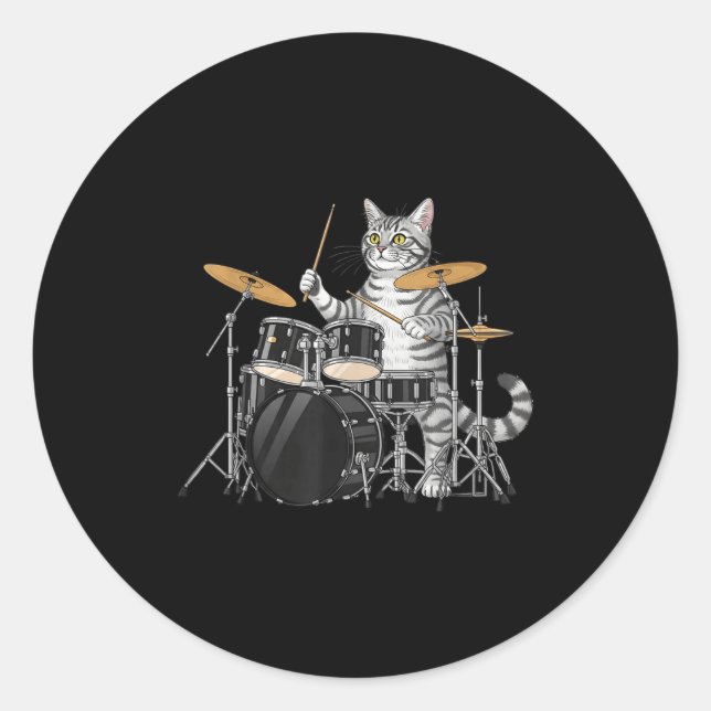 Cat Playing Drums Drumset Drumkit Drumming Drum Dr Classic Round Sticker (Front)