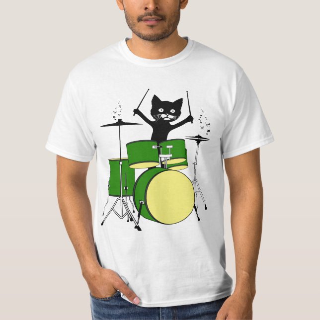 Cat Playing Drums, Funny Cat Playing Drums T-Shirt (Front)