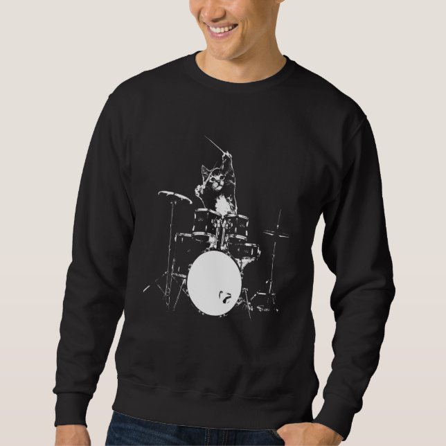 Cat Playing Drums Men Women  Drummer and Cat Sweatshirt (Front)