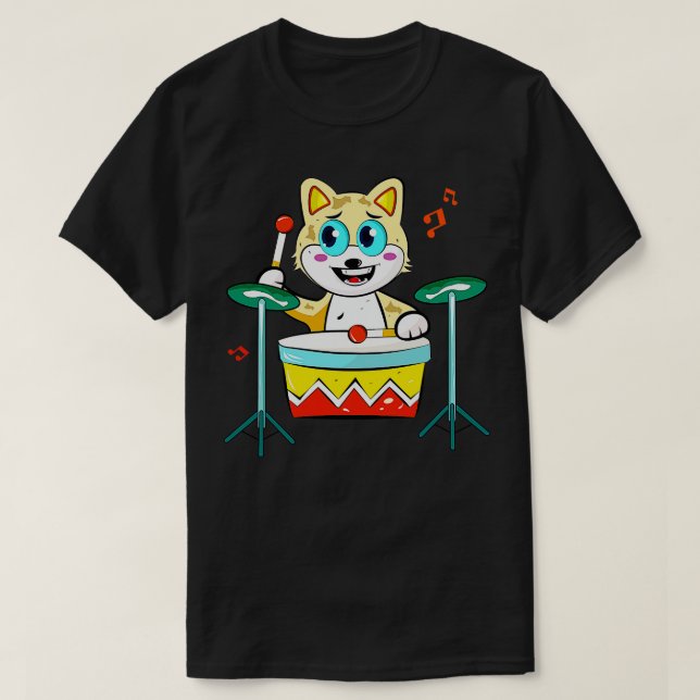 Cat Playing Drums T-Shirt (Design Front)