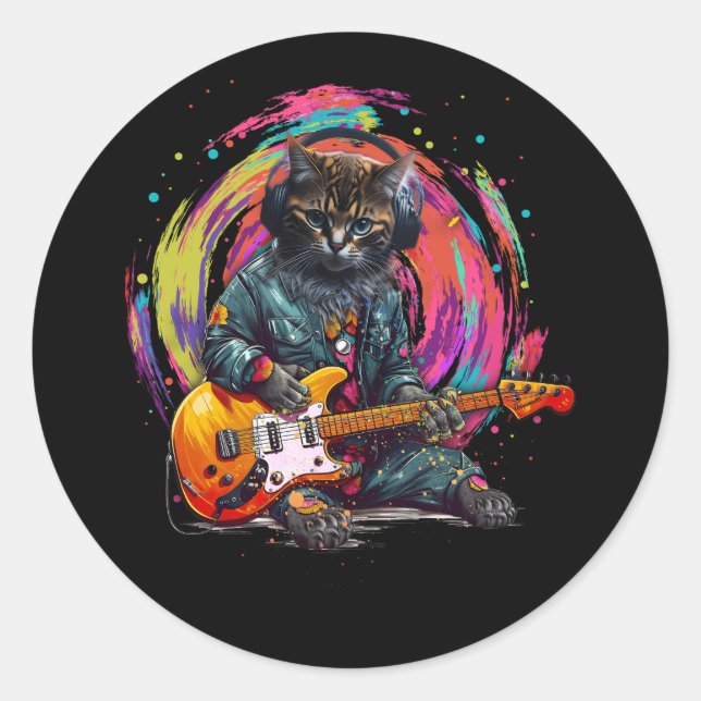 Cat Playing Electric Guitar Rock Heavy Metal Music Classic Round Sticker (Front)
