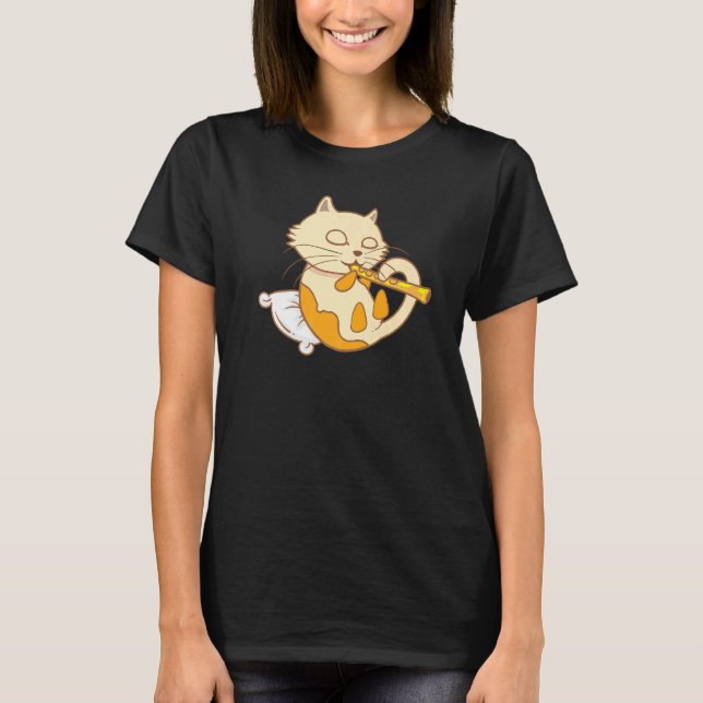 Cat Playing Flute Cool Wind Instrument T-Shirt (Front)