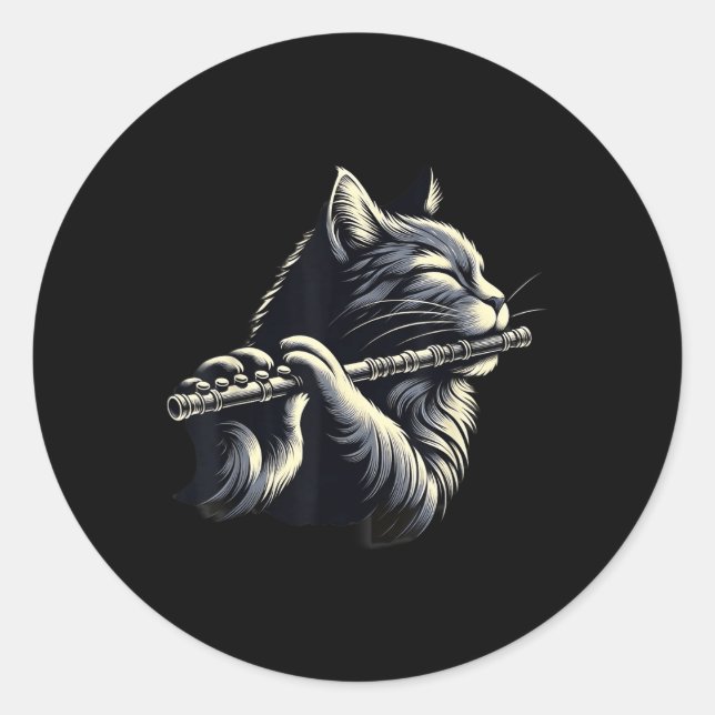 Cat Playing Flute Musician Cats Lover  Classic Round Sticker (Front)