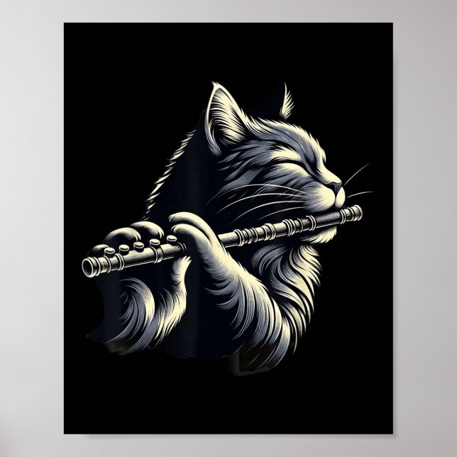Cat Playing Flute Musician Cats Lover  Poster (Front)