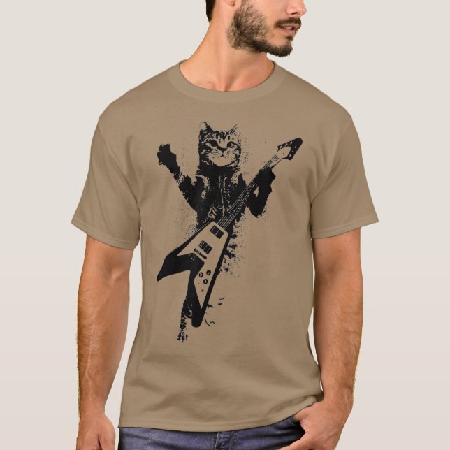 Cat Playing Flying V Guitar Musician Cat Lover T-Shirt (Front)