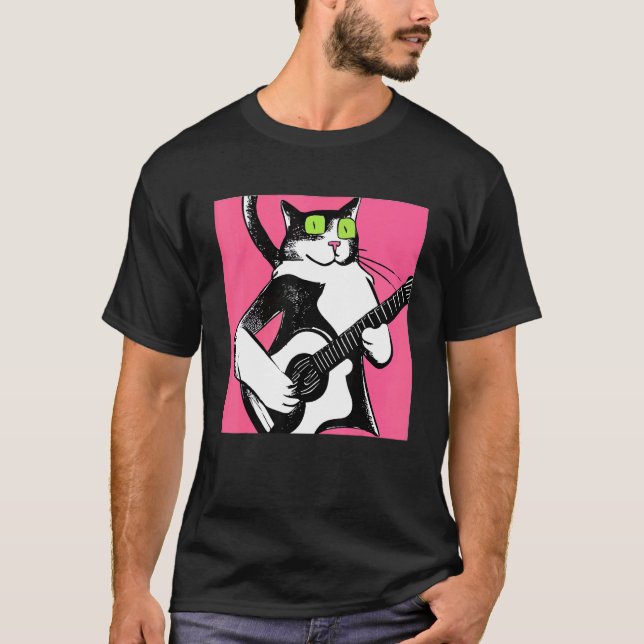Cat Playing Guitar Kitten Guitarist T-Shirt (Front)