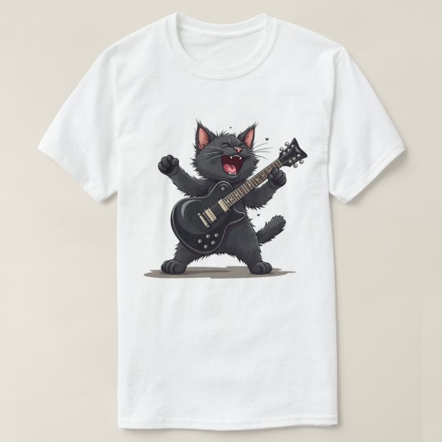 Cat Playing Guitar Rock and Roll Rock Star Funny  T-Shirt (Design Front)