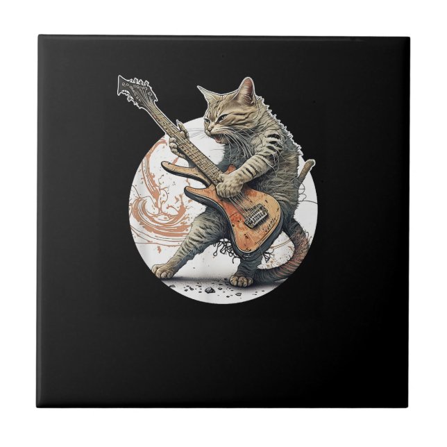 Cat Playing Guitar  Rock Cat  Heavy Metal Cat  Mus Tile (Front)