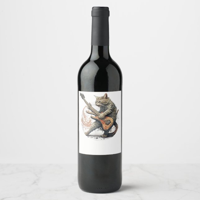 Cat Playing Guitar  Rock Cat  Heavy Metal Cat  Mus Wine Label (Front)