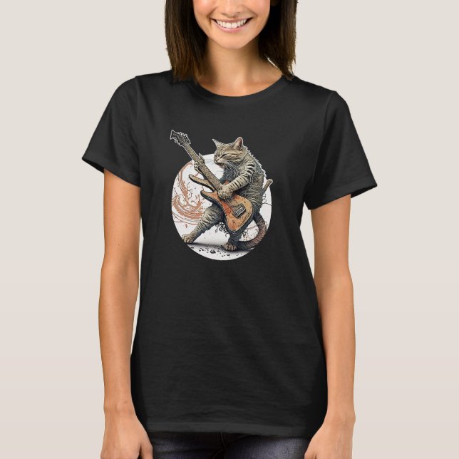 Cat Playing Guitar Rock Cat Heavy Metal Cat Music  T-Shirt (Front)