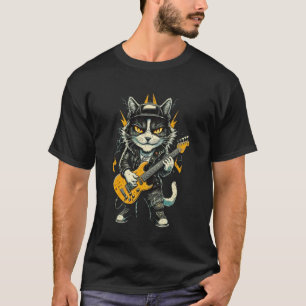 Cat Playing Guitar Rock & Roll 80s 90s Rock Band C T-Shirt