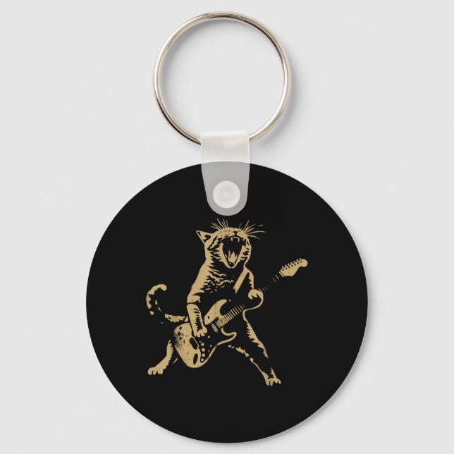 Cat Playing Guitar Rock Star Rock and Roll Men Key Ring (Front)