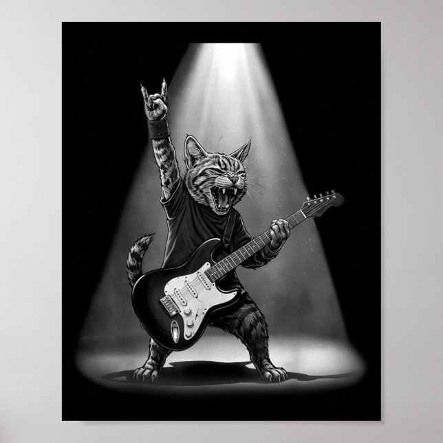 Cat Playing Guitar Rock Star Rock and Roll Men Poster (Front)
