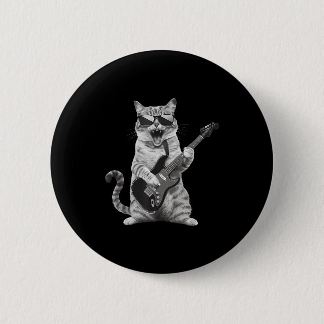 Cat Playing Guitar Rock Star Rock And Roll Men Wom 6 Cm Round Badge (Front)