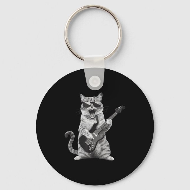 Cat Playing Guitar Rock Star Rock And Roll Men Wom Key Ring (Front)