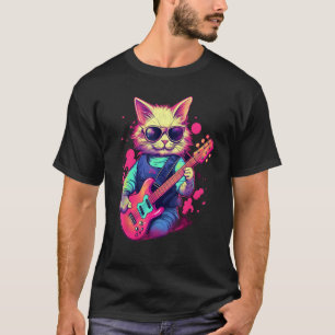 Cat Playing Guitar Synthwave Guitarist Kitty T-Shirt