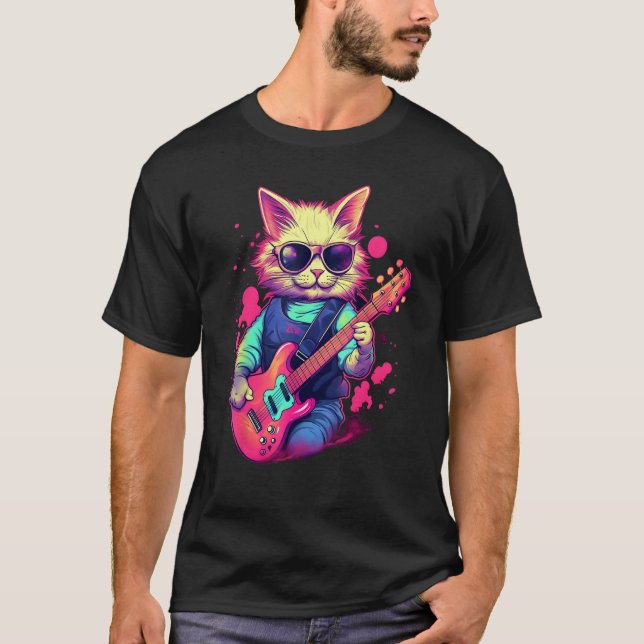 Cat Playing Guitar Synthwave Guitarist Kitty T-Shirt (Front)